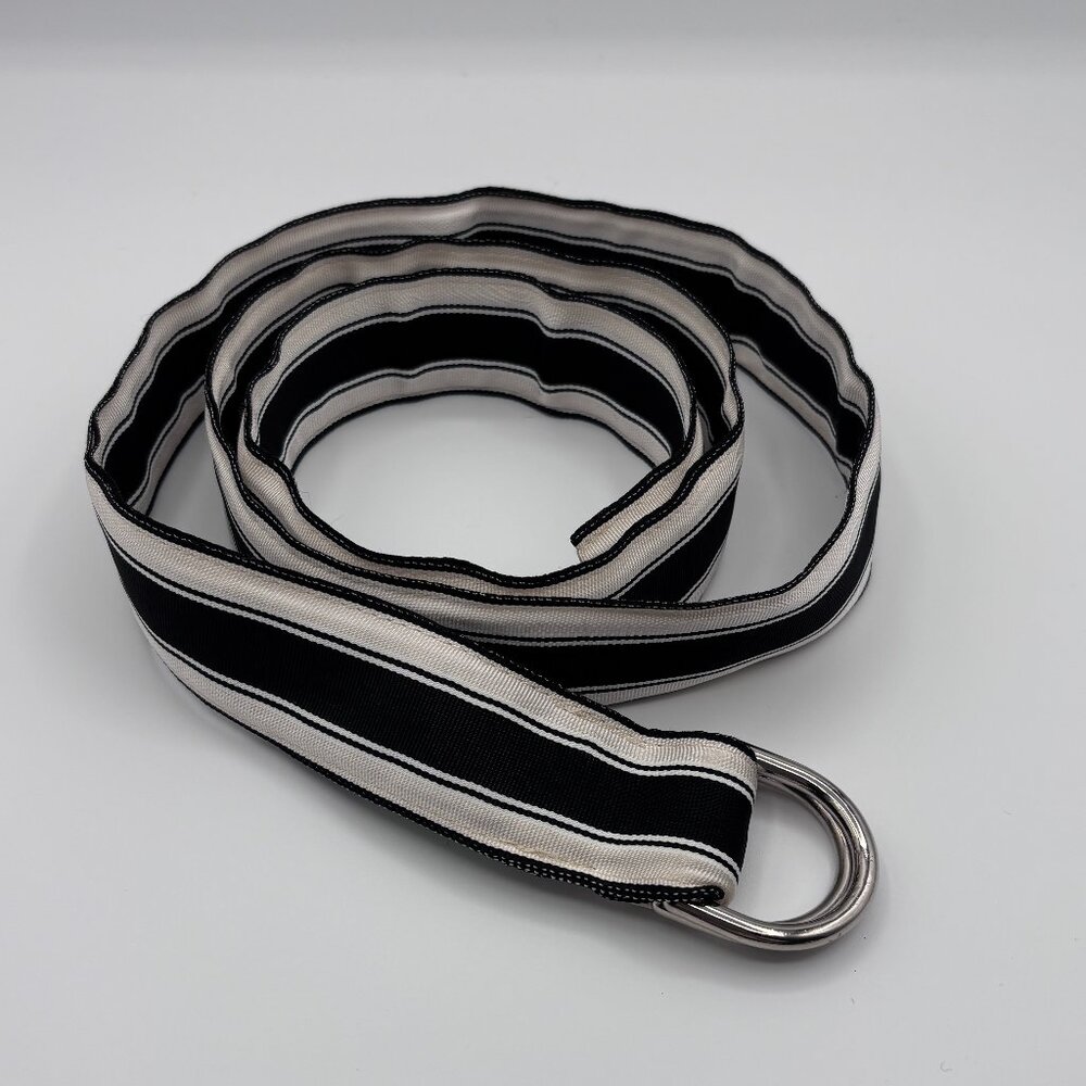 Y2K Preppy Ribbon Belt XL Black Cream Striped Double D-Ring Metal Golf Cinch
